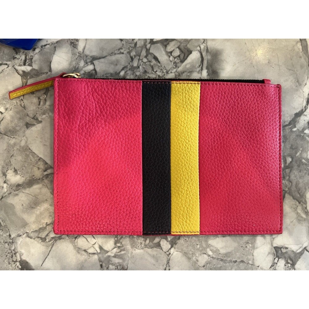 Boden Leather Zip Clutch Pouch Pink Black Yellow Color Block Travel Cosmetic Bag